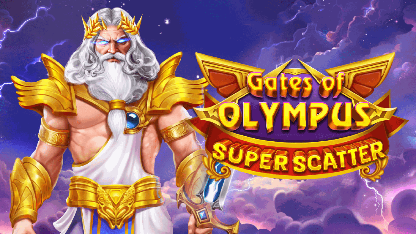 Filmplakat-Motiv von Gates of Olympus Super Scatter: Zeus mit weißem Bart, goldener Rüstung und blauem Umhang thront über dem goldgerahmten 6x5-Walzenfeld mit grünen Globus-Symbolen, lila Kristalldreiecken und dem Super-Scatter-Zeichen vor violett-rosa Wolkenhimmel